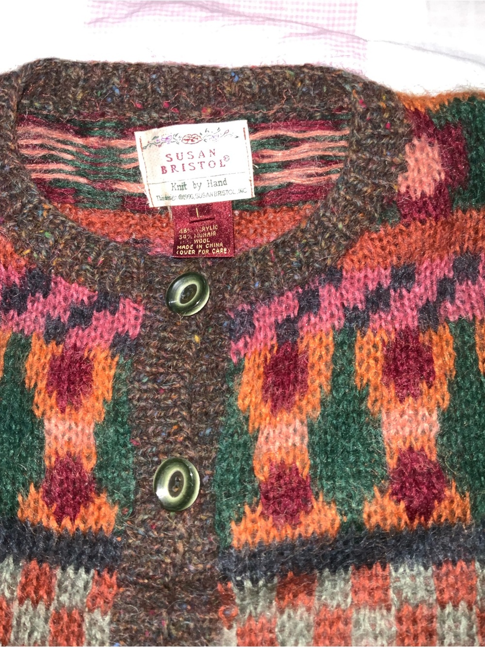 vintage‎ 1990 susan bristol mohair wool hand knit sweater cardigan colour work L - Picture 3 of 9